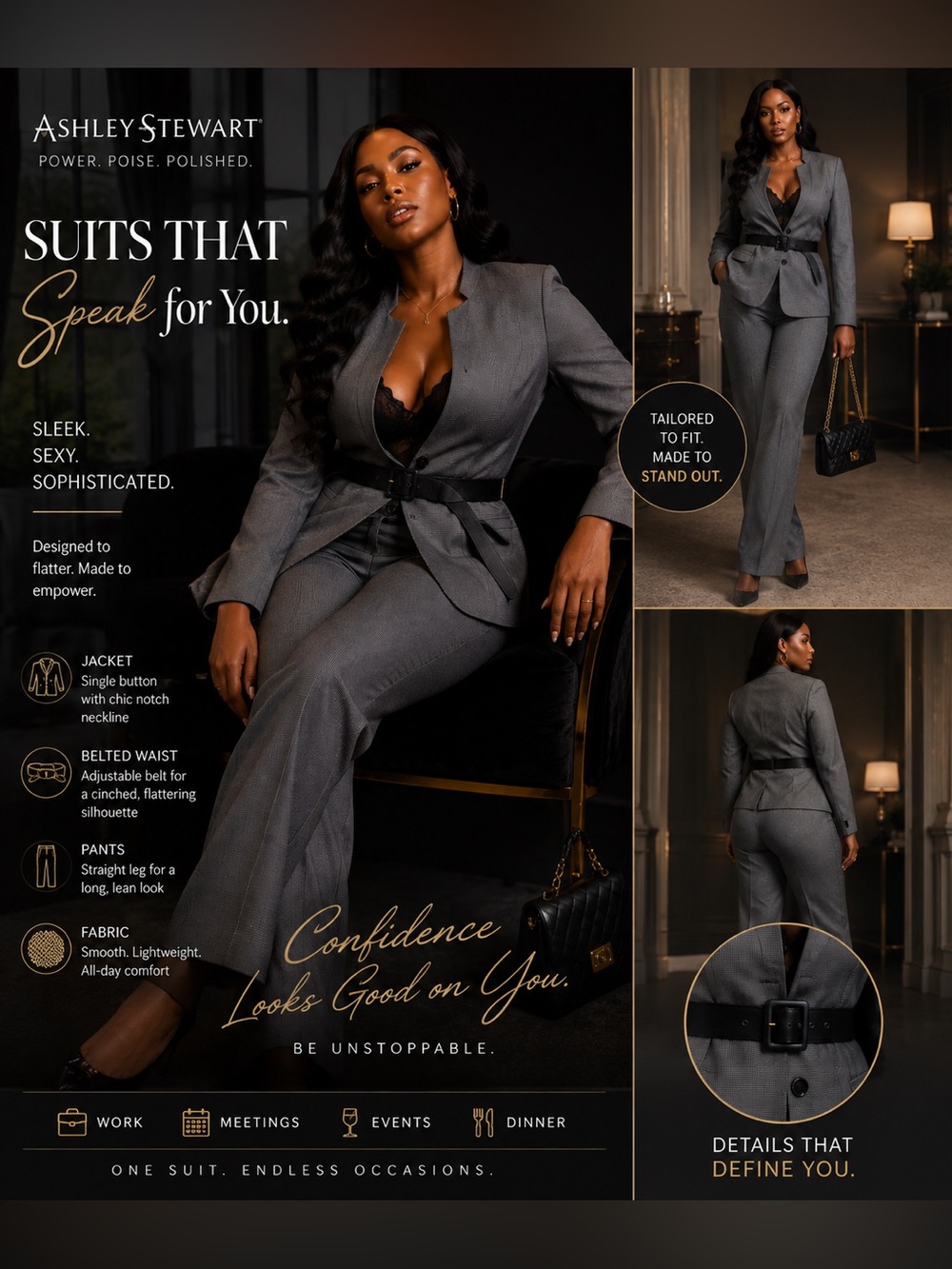 Ashley Stewart Gray Tailored Belted Blazer & Pant Set size 20